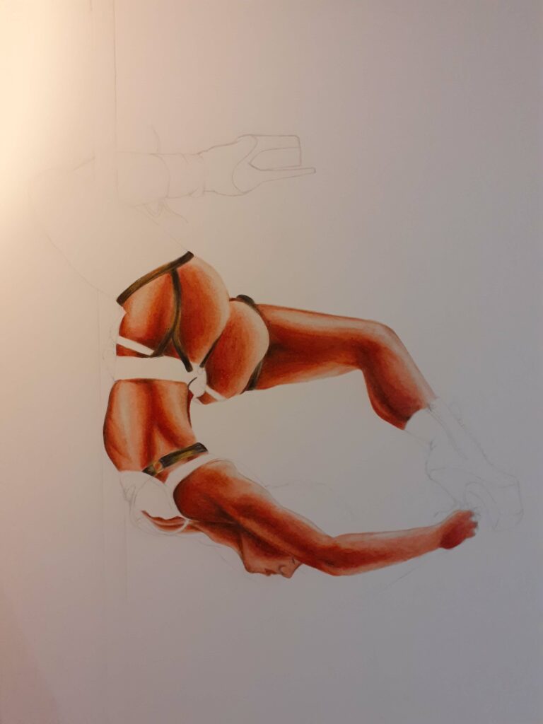 Pole dance femme 3eme croquis, avancée de la couleur
