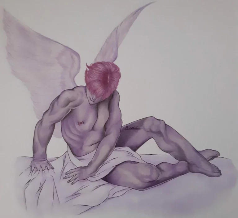 Anatomie humaine : Ange violet nu allongé dans des draps
