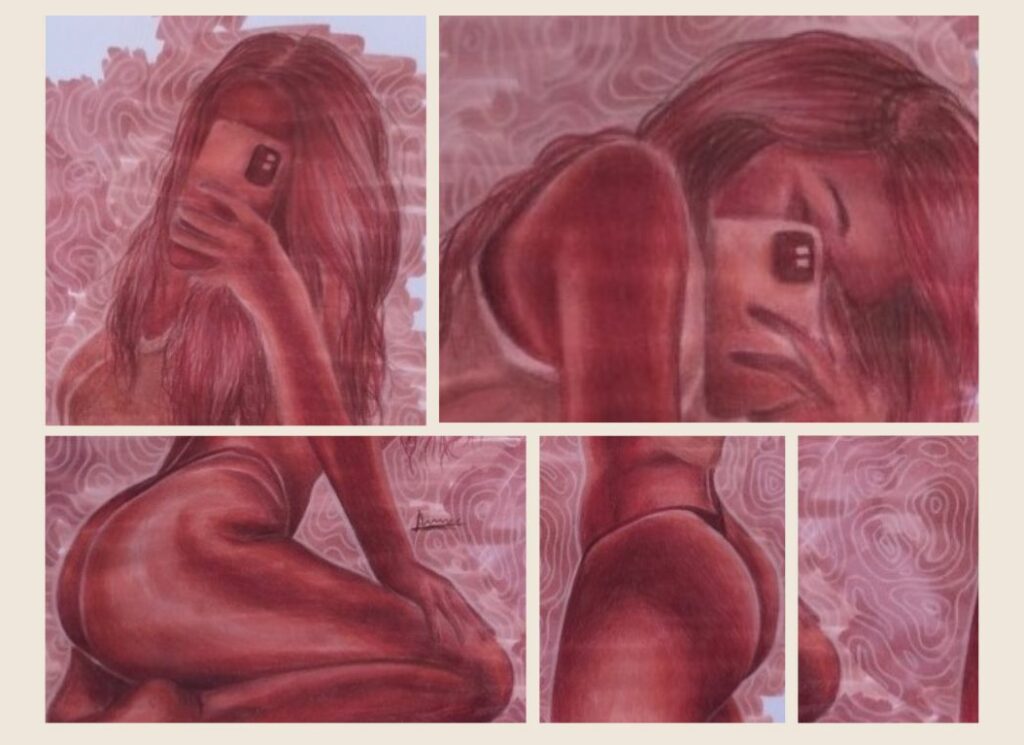 Corps composition :Femme en rouge qui se prend en photo devant son miroir. Composition